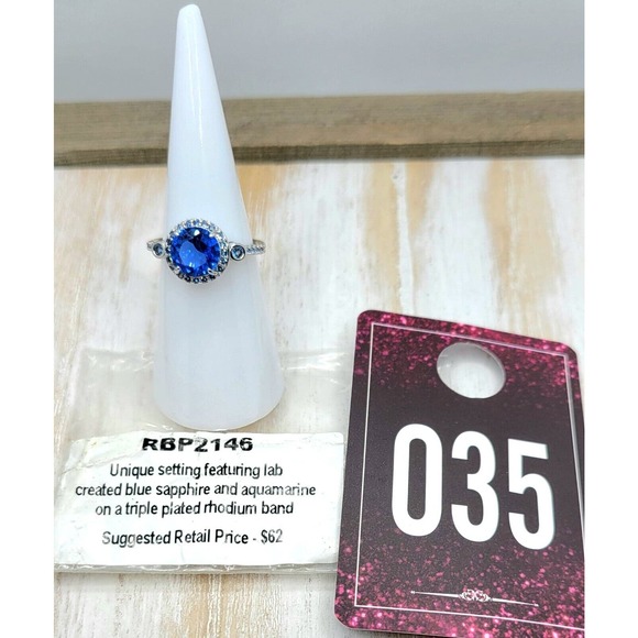 Lab created blue sapphire & aquamarine, Triple Plated Rhodium Size 6 RBP2146 - Picture 8 of 8